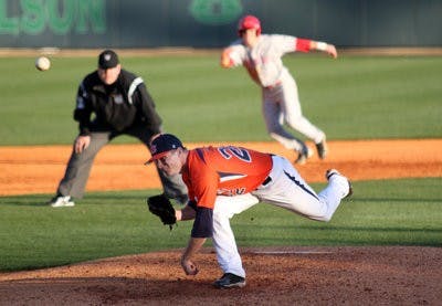 Senior pitcher Sean Ray pitches during Auburn's 8-6 loss against Radford Friday afternoon. (Emily Adams / Photo Editor)
