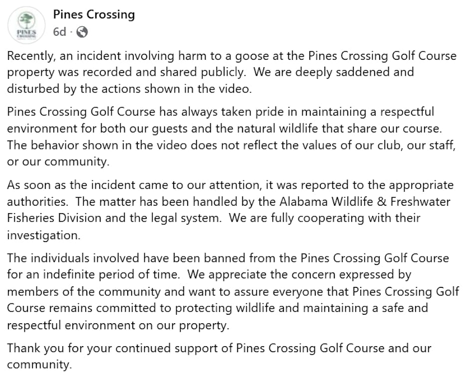 Pines Crossing Golf Course statement on killed geese.