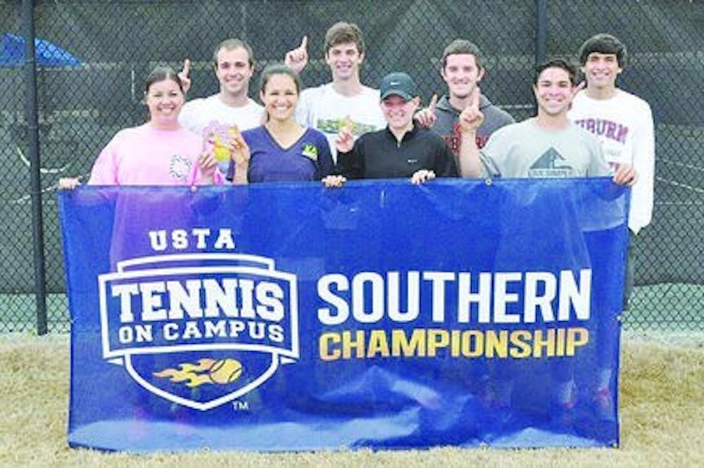 The Auburn club tennis team celebrates its Southern Championship.
Front Row (left to right): Courtney Johns, Renee Nicholas, Hollyanne Maxey, Jonathan Hibbert
Back Row (left to right): Julian Paez, Mitchell Vegas, Jake Muller, Christian Lyerly
(Contributed by Jonathan Hibbert)