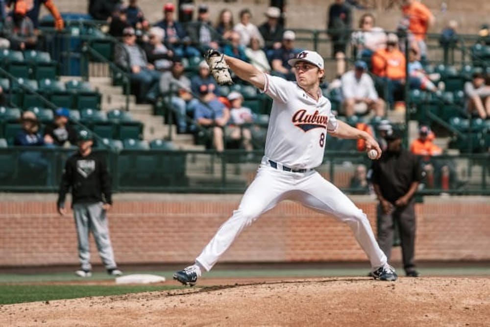 <p>Bailey Horn pitching during the 2020 season via Dylan Baker/AU Athletics.&nbsp;</p>