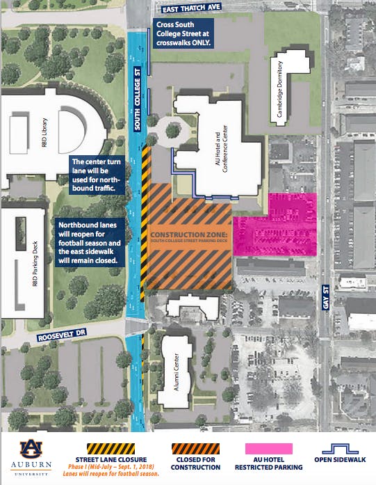 Auburn commuters can expect partial lane closures beginning mid-July as construction of the five story, 600-space South College Street Parking Deck begins on College Street between Roosevelt Drive and the main entrance to The Hotel at Auburn University and Dixon Conference Center.