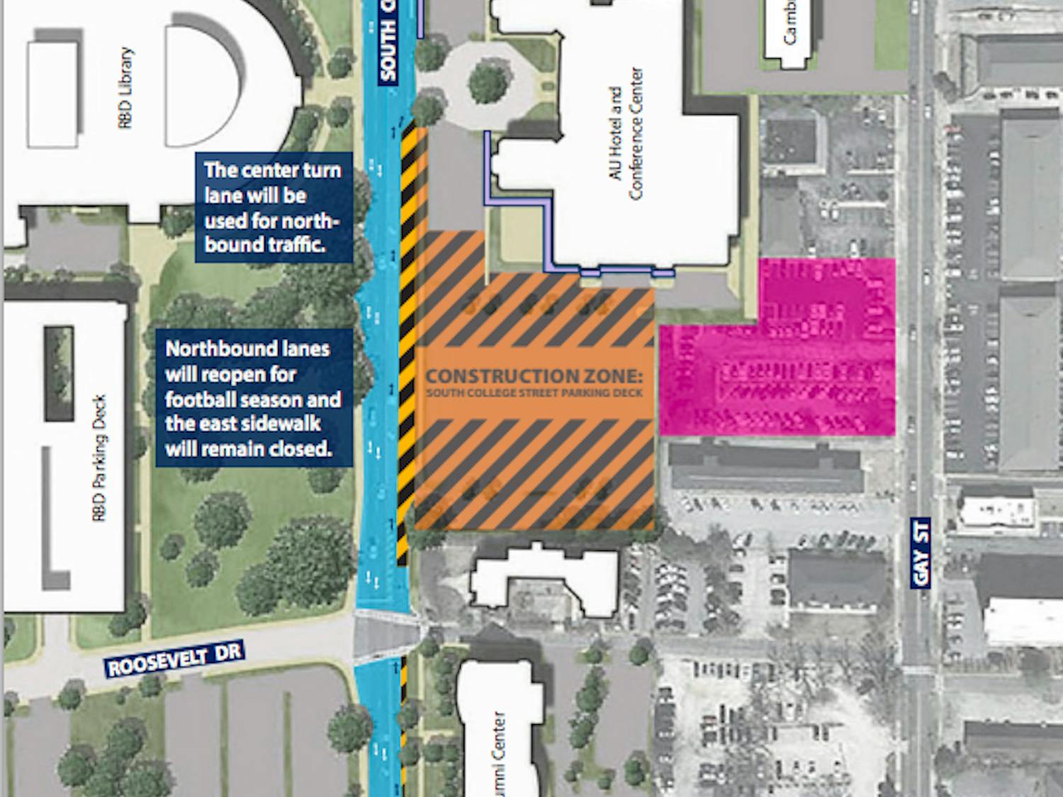 Auburn commuters can expect partial lane closures beginning mid-July as construction of the five story, 600-space South College Street Parking Deck begins on College Street between Roosevelt Drive and the main entrance to The Hotel at Auburn University and Dixon Conference Center.