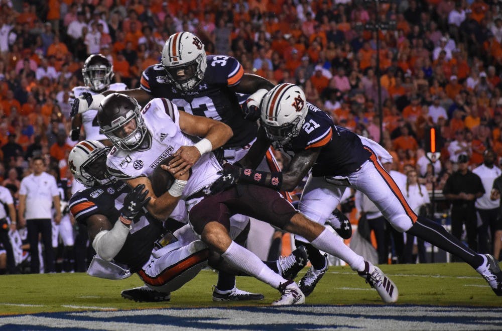 <p>Auburn tackles Mississippi State during Auburn vs. Mississippi State, on Saturday, Sept. 28, 2019, in Auburn, Ala.</p>