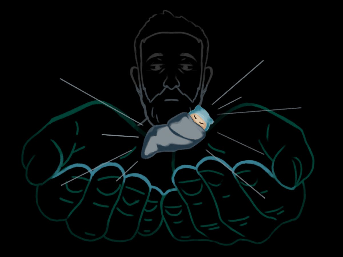 A pair of hands holds a small figure enveloped in light, set against a dark background with a face partially visible above.