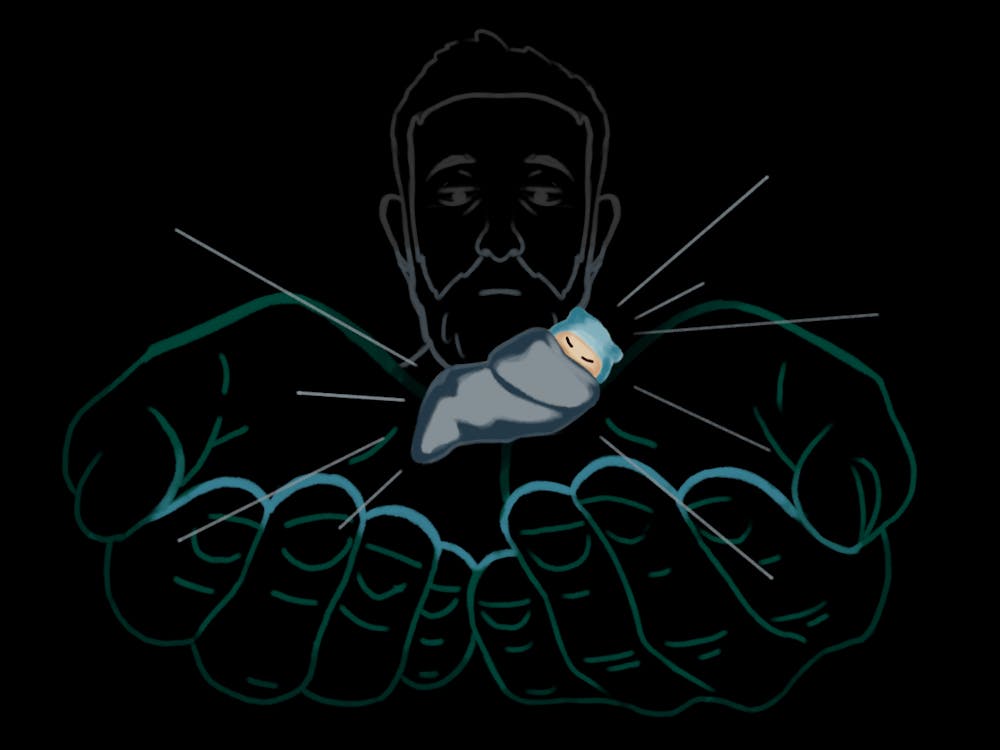 <p>A pair of hands holds a small figure enveloped in light, set against a dark background with a face partially visible above.</p>