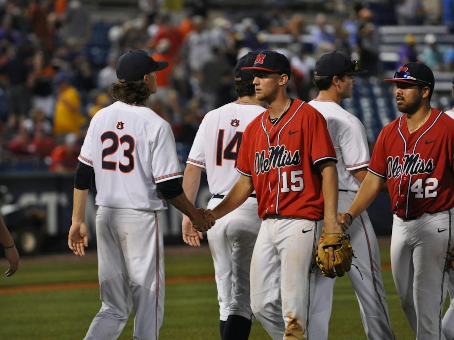 Calvin Coker shakes hands after Auburn Baseball vs. Ole Miss on Friday,May. 25, 2018 in Hoover, Ala.