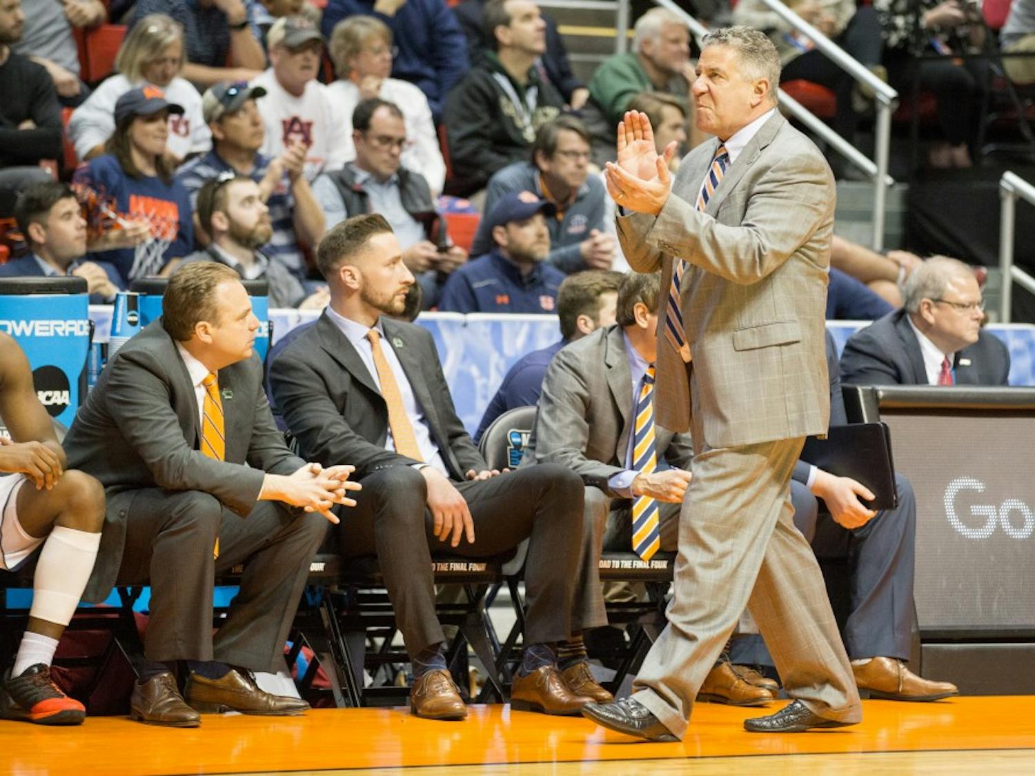 Head coach Bruce Pearl reacts&nbsp;during Auburn basketball vs. Clemson on Sunday, March 18, 2018, at Viejas Arena in San Diego, Calif.