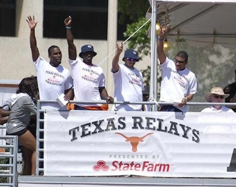 From left: Marcus Rowland, Harry Adams, Michael DeHaven and Keenan Brock of Auburn's 4x100 meter relay team celebrate their fastest world time of 2012 and Auburn record at the Texas Relays. The group was honored as SEC Co-Runners of the Week for their performance. (Courtesy of Media Relations)