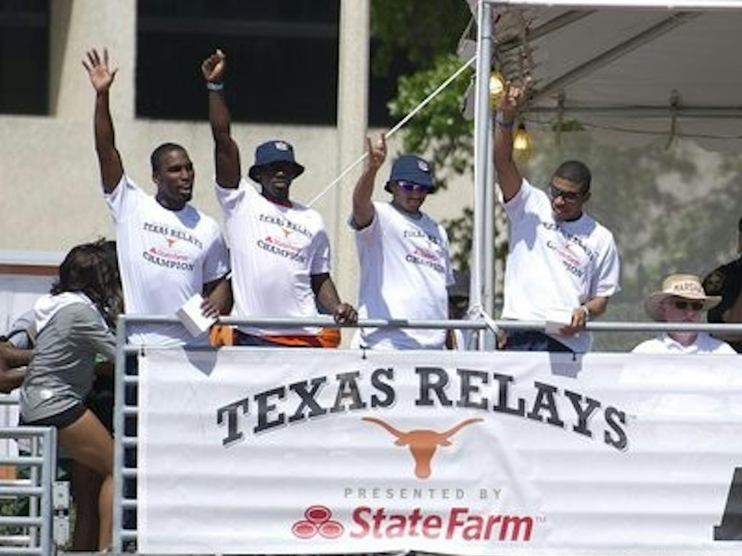 From left: Marcus Rowland, Harry Adams, Michael DeHaven and Keenan Brock of Auburn's 4x100 meter relay team celebrate their fastest world time of 2012 and Auburn record at the Texas Relays. The group was honored as SEC Co-Runners of the Week for their performance. (Courtesy of Media Relations)