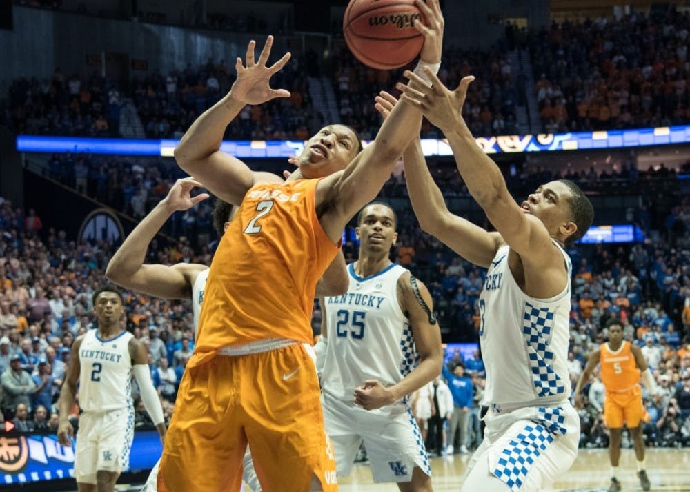 <p>Courtesy of Caitlyn Jordan / The Daily Beacon</p>
<p>#2, Grant Williams attempts to retrieve the ball during the the&nbsp;SEC Tournament game against the University of Kentucky at the Bridgestone Arena on Saturday March 16, 2019.&nbsp;</p>