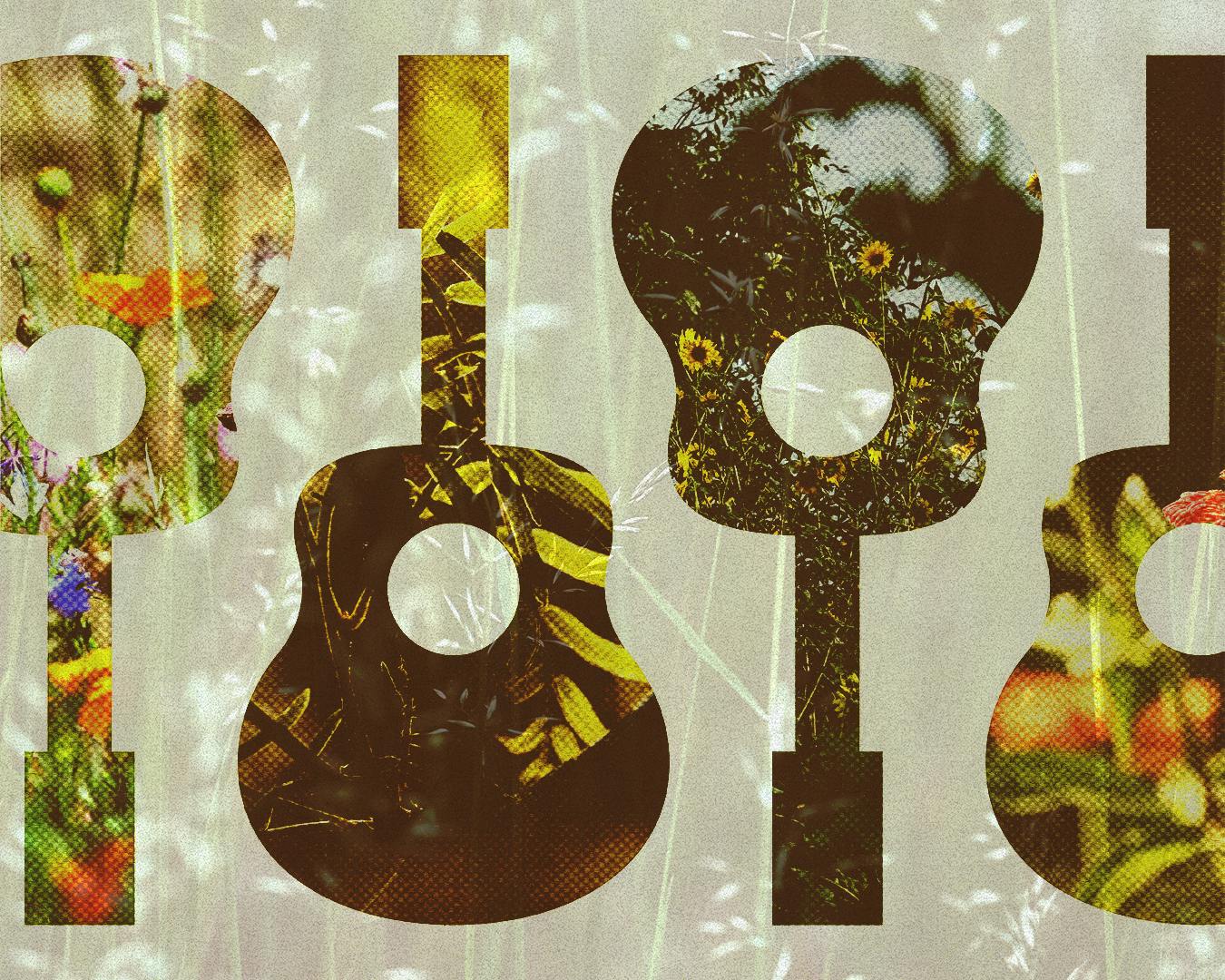 Four guitar outlines filled with various floral and natural images are set against a light background.
