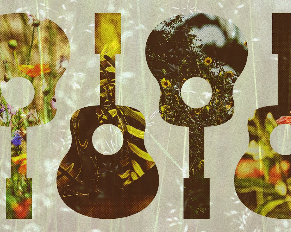 <p>Four guitar outlines filled with various floral and natural images are set against a light background.</p>