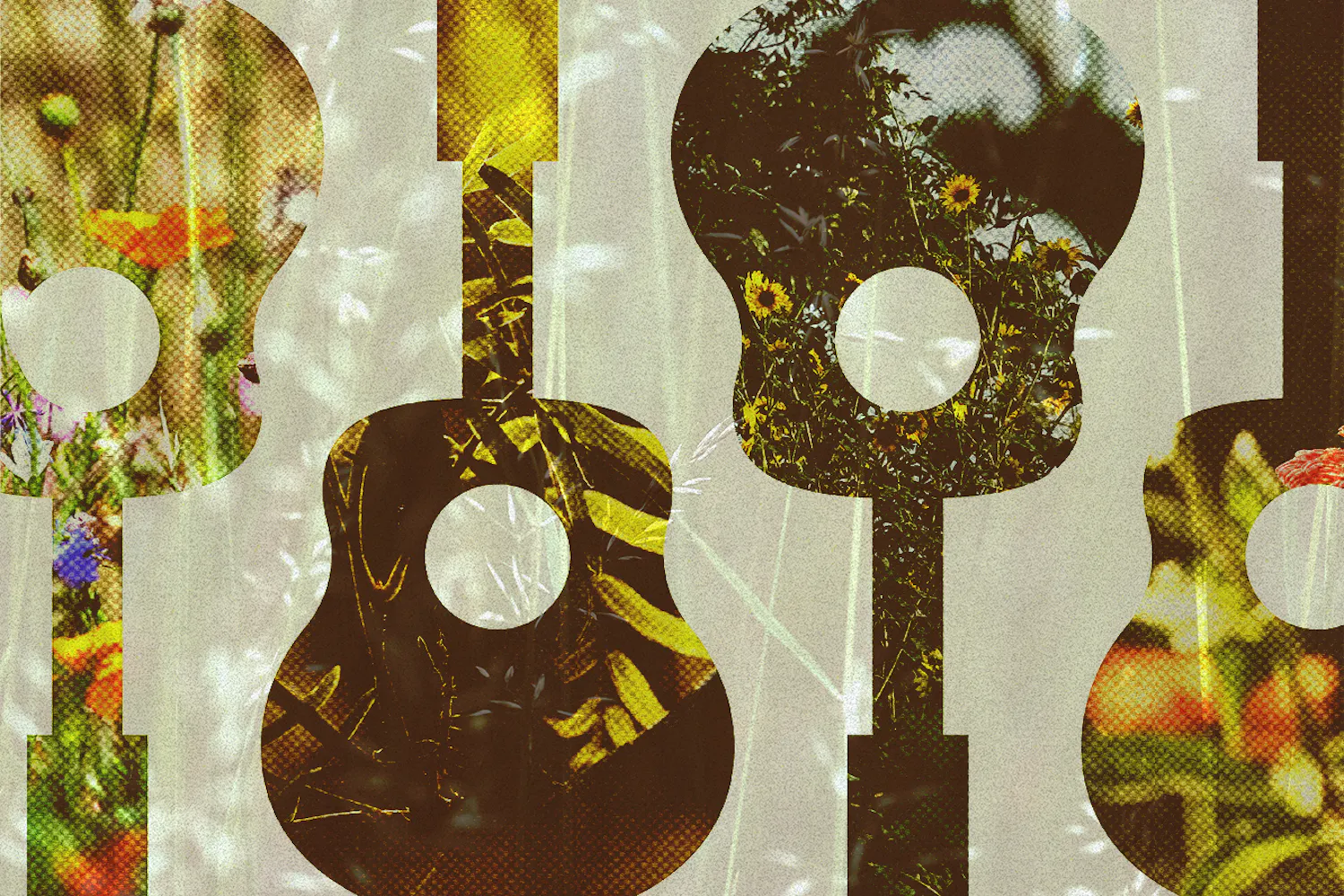 Four guitar outlines filled with various floral and natural images are set against a light background.