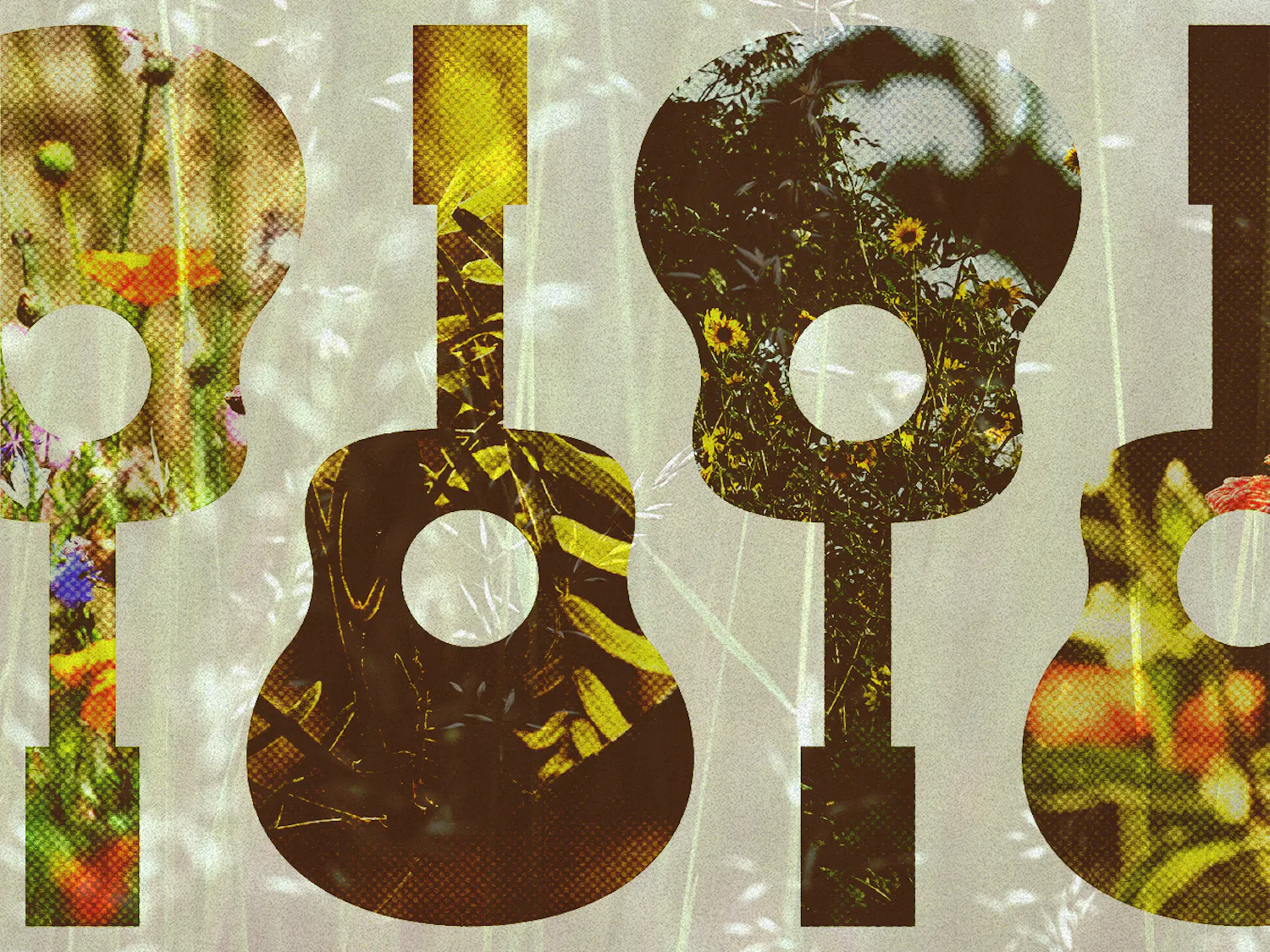 Four guitar outlines filled with various floral and natural images are set against a light background.