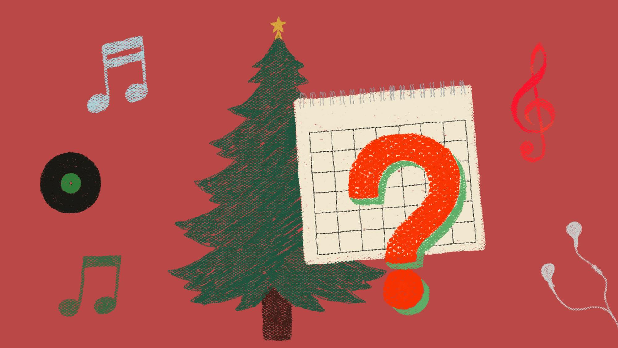 Graphic with question mark over a calendar in front of a Christmas tree with music notes, a record and headphones around it.