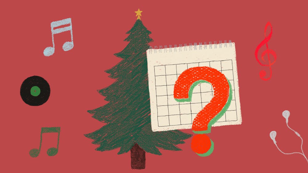 <p>Graphic with question mark over a calendar in front of a Christmas tree with music notes, a record and headphones around it.</p>