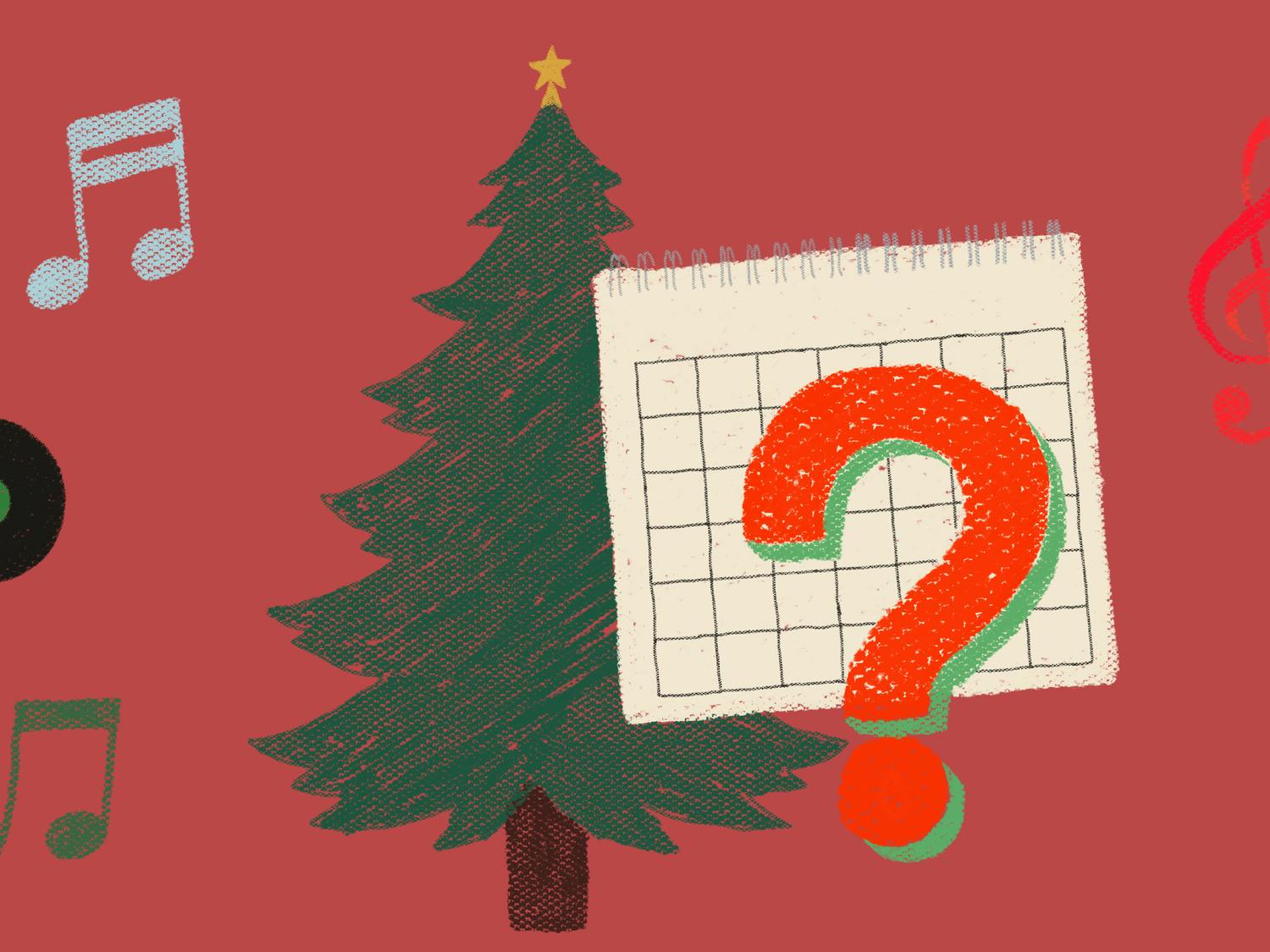 Graphic with question mark over a calendar in front of a Christmas tree with music notes, a record and headphones around it.
