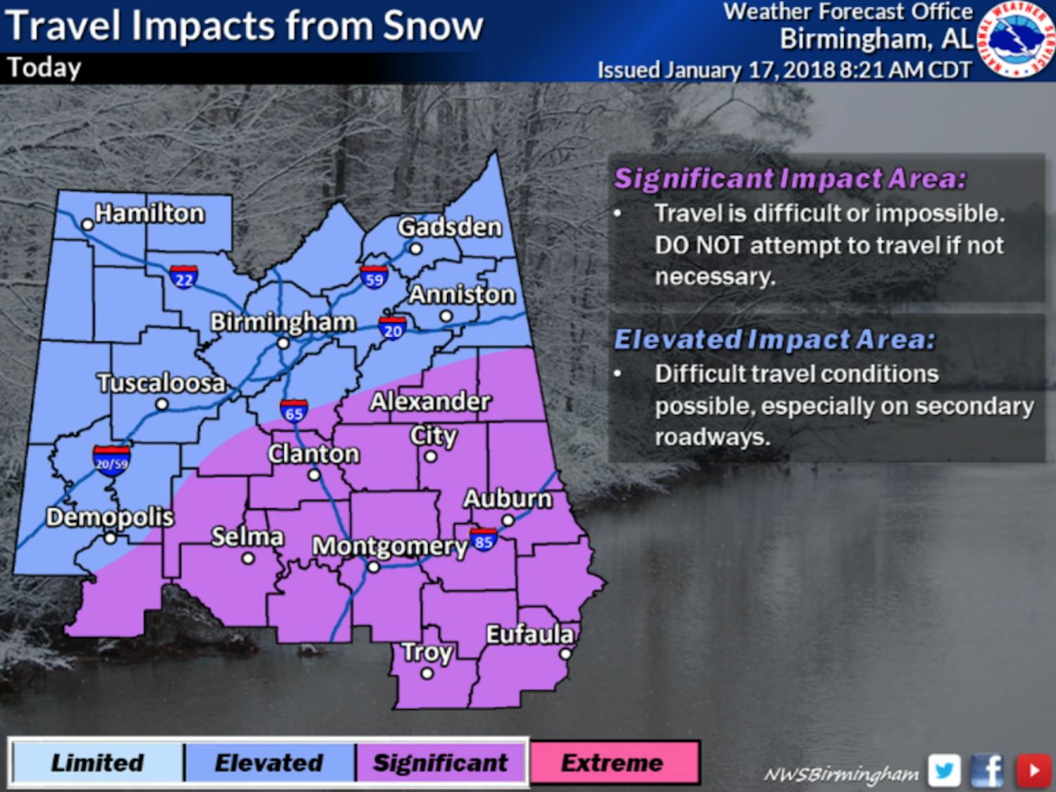 The National Weather Service's projected travel impacts of the snow on Wednesday, Jan. 17, 2018,&nbsp;for central Alabama.&nbsp;