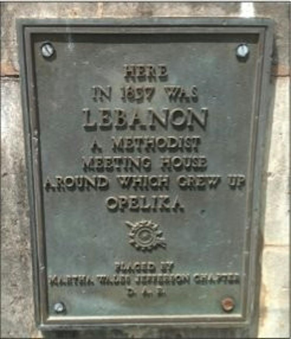 This plaque identifying where lebanon originally
stood is located five miles north of opelika.