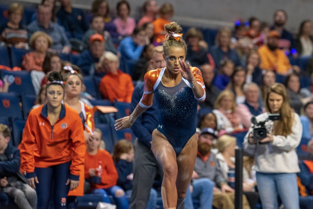 An Auburn Gymnast preforms her floor routine during Auburn Gymnastics vs. LSU on Friday, Jan. 11, 2019, in Auburn, Ala.