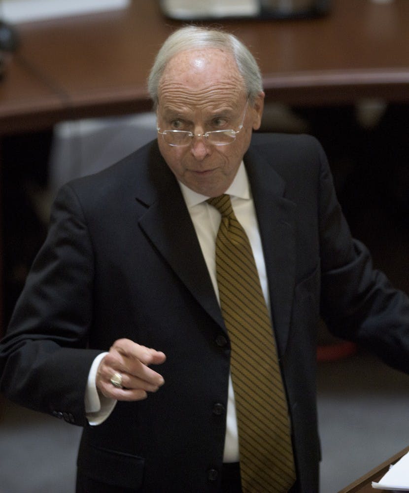Attorney John Carroll cross examines Alabama Chief Justice Roy Moore during the Moore's ethics trial of at the Alabama Judicial Building in Montgomery, Ala., on Wednesday September 28, 2016.