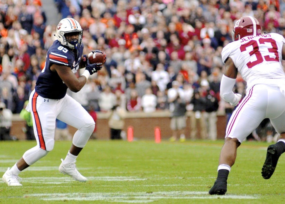 Jalen Harris (85) runs the ball&nbsp;during Auburn Football vs. Alabama on Saturday, Nov. 25, 2017, in Auburn, Ala.