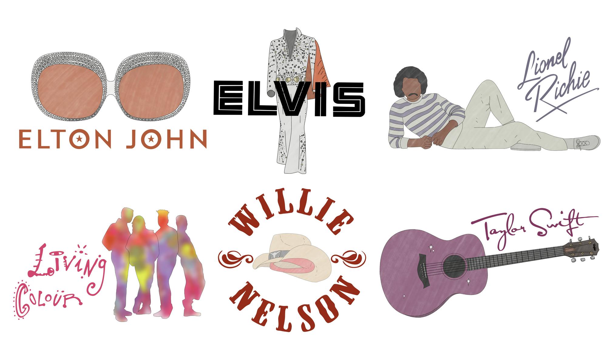A collection of illustrated icons and names representing various musicians, including sunglasses, stage outfits, and musical instruments.