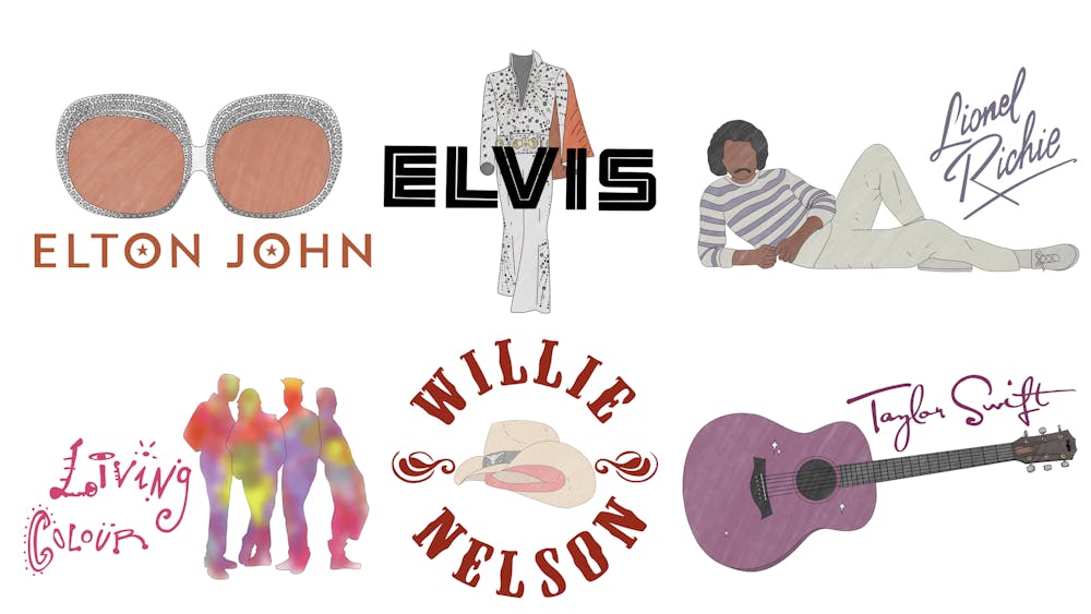 <p>A collection of illustrated icons and names representing various musicians, including sunglasses, stage outfits, and musical instruments.</p>
