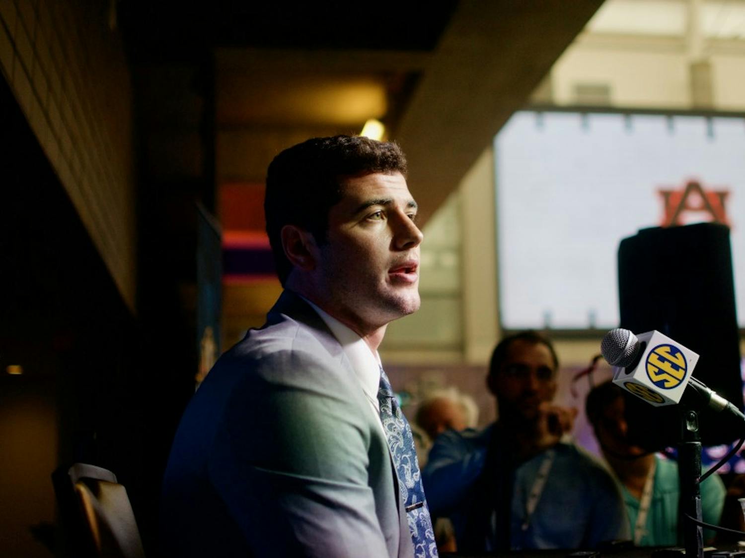 Jarrett Stidham answers a question during an interview at SEC Media Days in the College Football Hall of Fame on Thursday, July 19, 2018 in Atlanta, Ga.