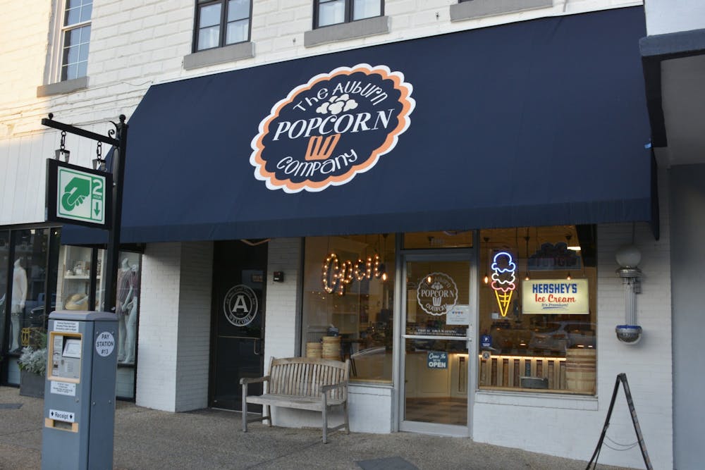 <p>The storefront of The Auburn Popcorn Company on April 25, 2020, in Auburn, Ala.</p>