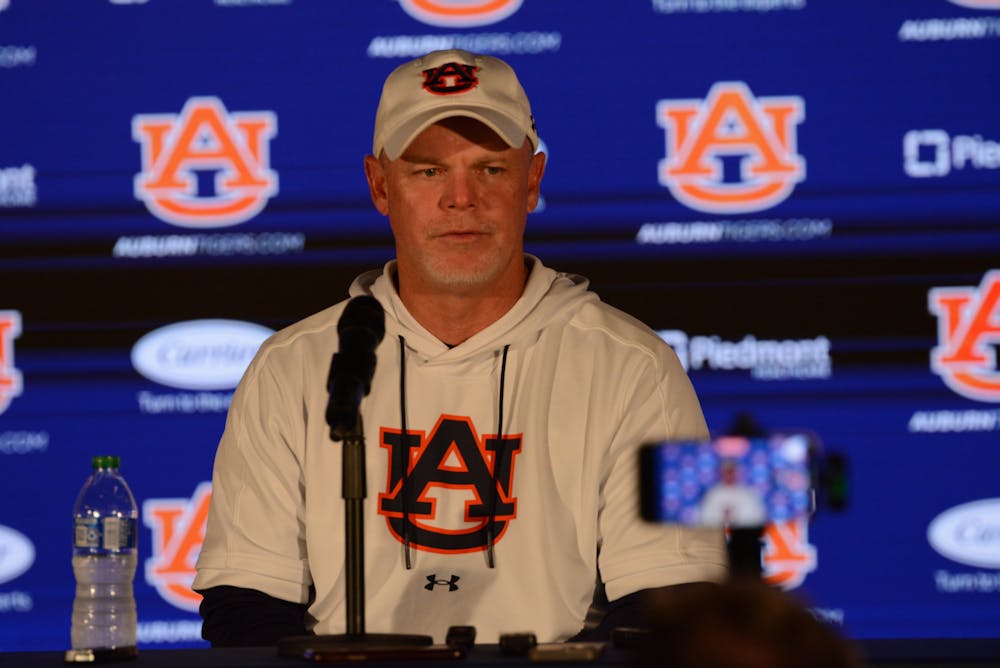 <p>Auburn offensive coordinator Philip Montgomery at a press conference in the Woltosz Football Performance Center on Aug. 7, 2023.</p>