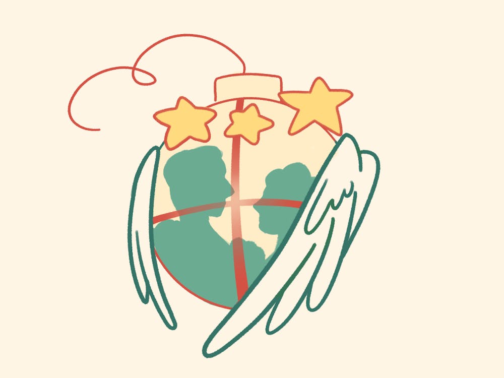 <p>Shadow of two figures facing each other, inside a Christmas ornament with wings wrapped around.</p>