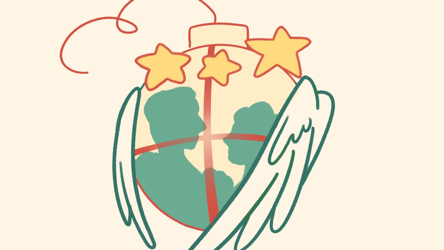 Shadow of two figures facing each other, inside a Christmas ornament with wings wrapped around.