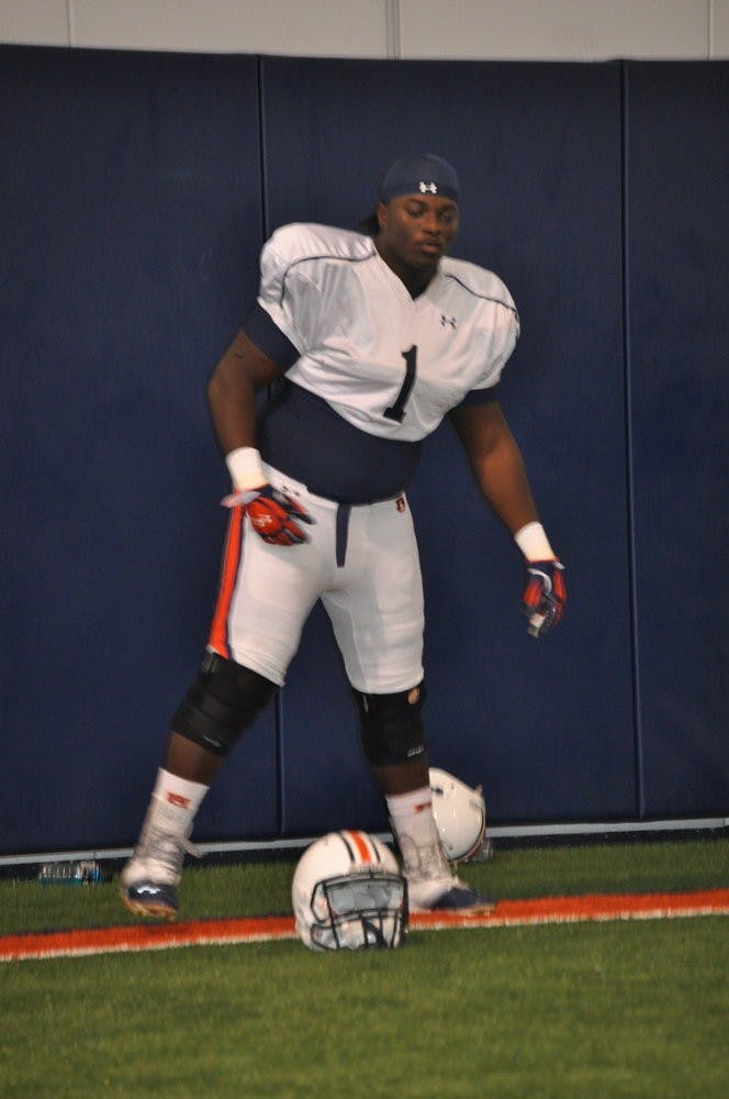 Freshman defensive tackle Montravius Adams goes through footwork drills.
Anna Grafton / ASSOCIATE PHOTO EDITOR