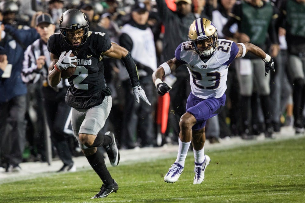 Junior defensive back Jordan Miller bears down on Colorado senior wide receiver Devin Ross. Courtesy of the UW Daily sports desk.