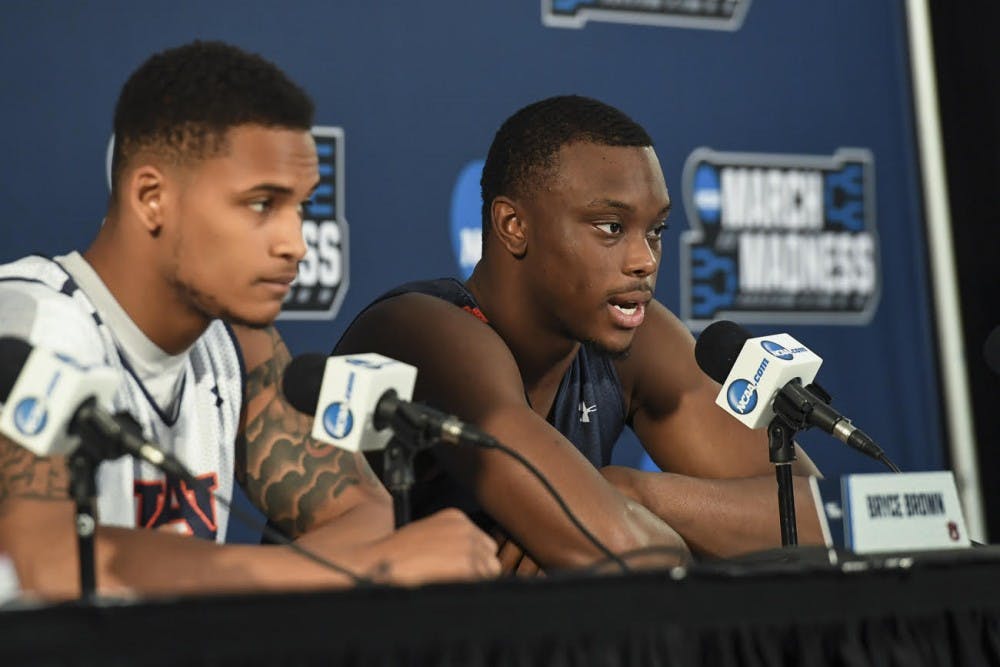 Bryce Brown and Mustapha Heron speak to media before the first round of the NCAA tournament on Thursday, March 15, 2018, in San Diego, Calif.