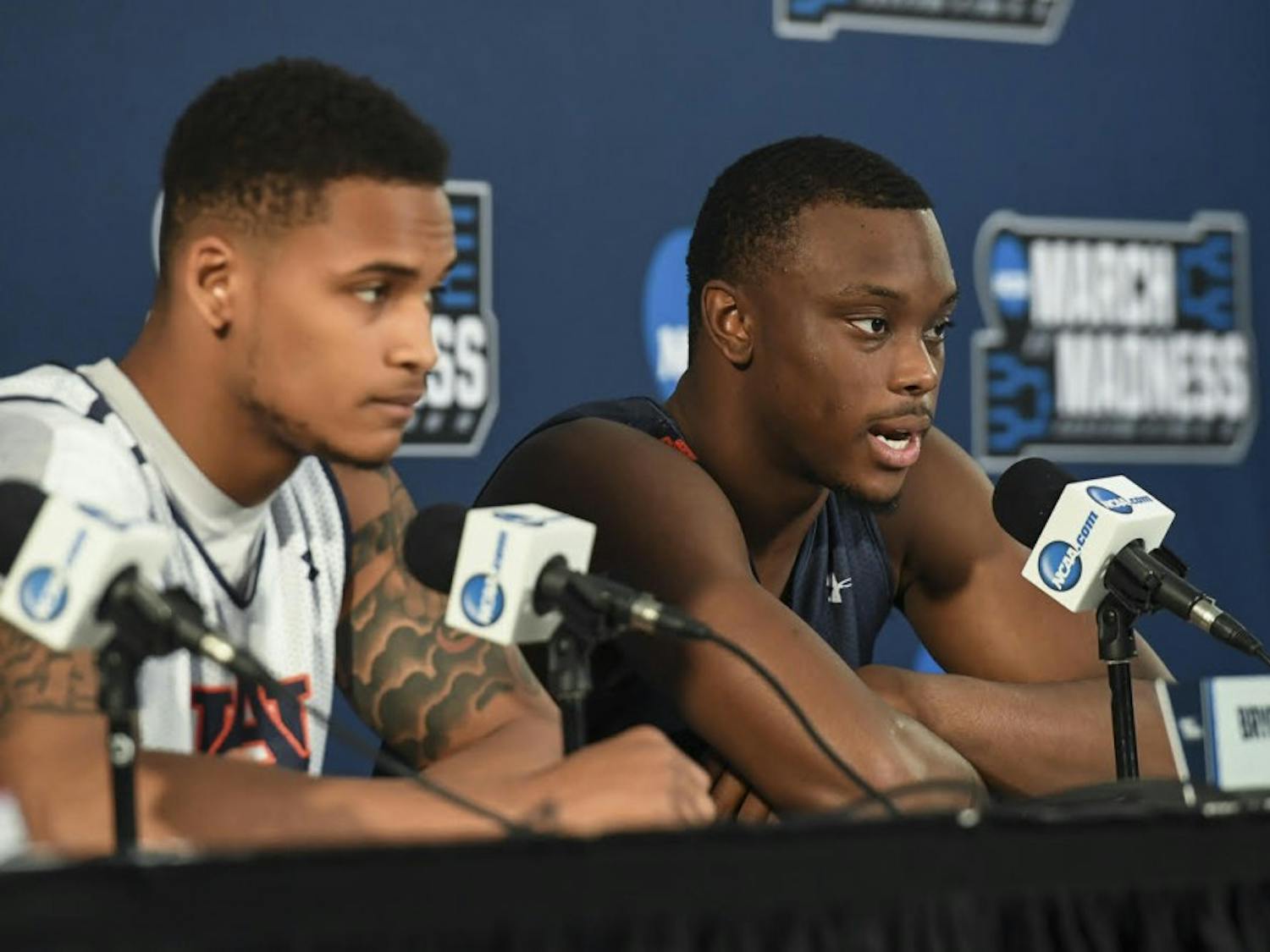 Bryce Brown and Mustapha Heron speak to media before the first round of the NCAA tournament on Thursday, March 15, 2018, in San Diego, Calif.