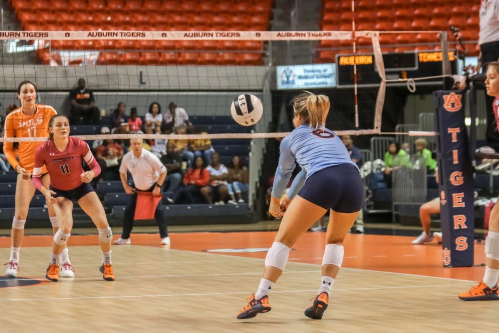 <p>Bella Rosenthall (6) during Auburn volleyball vs. Tennessee on Sunday, Oct. 6, 2019, in Auburn, Ala.</p>