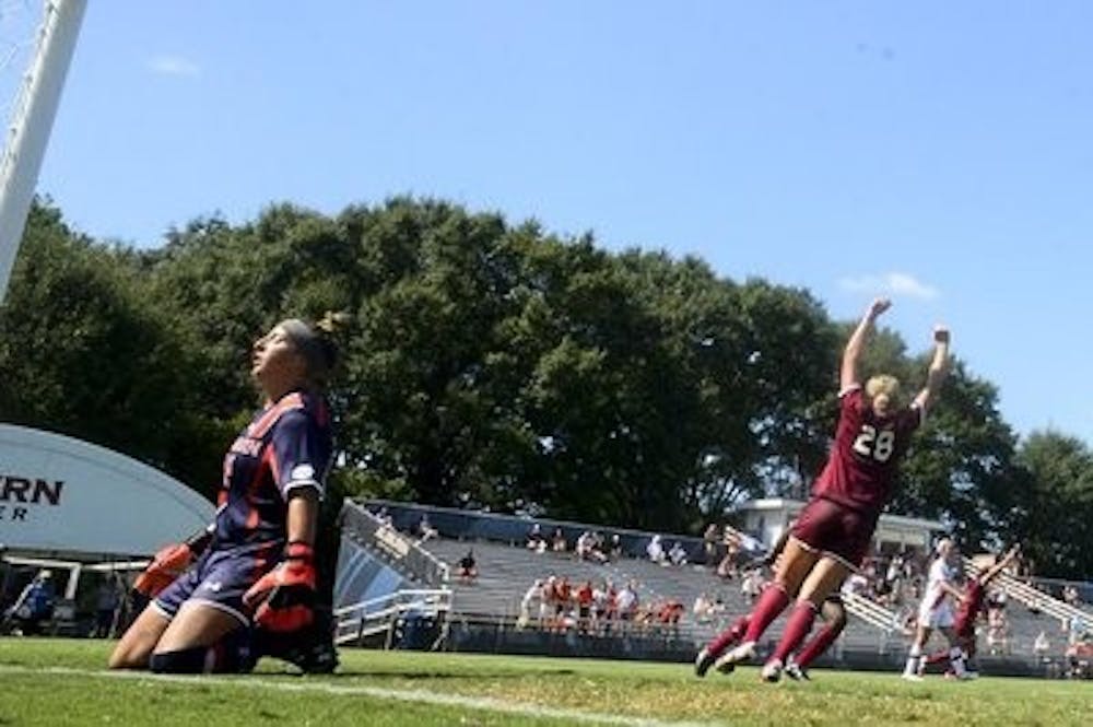 Auburn goalkeeper Alyse Scott reacts to South Carolina's game-winning goal. (Zach Bland / Auburn Athletics)