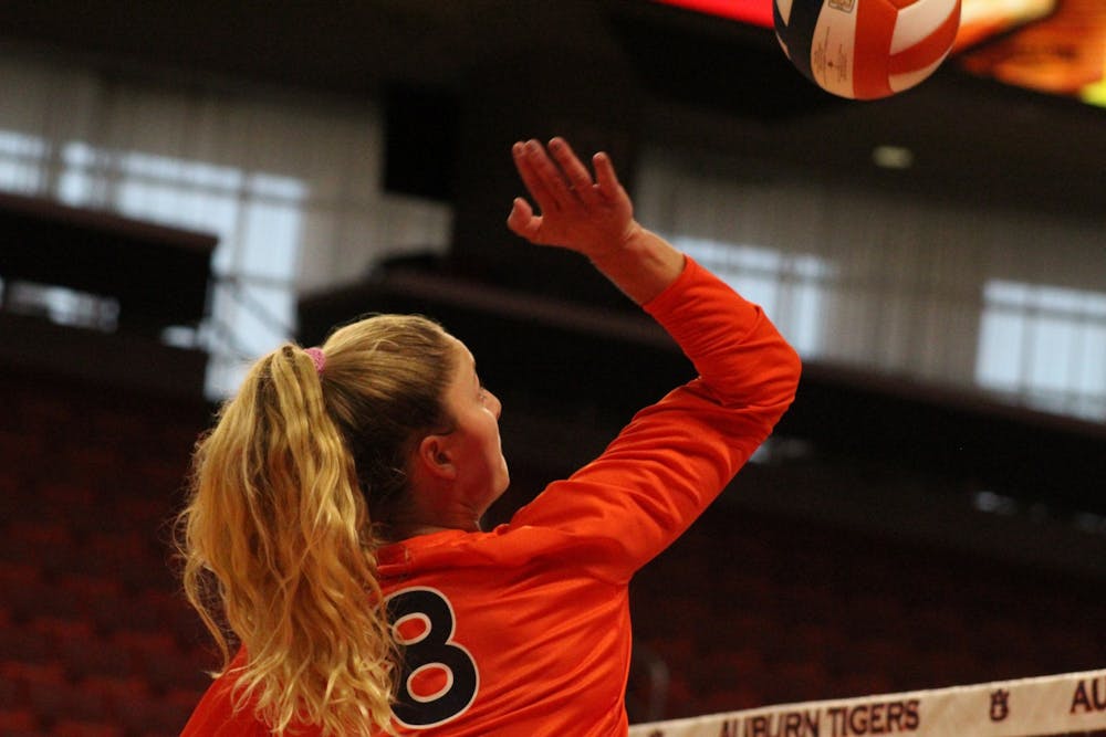 <p>Liz Reich ready to hit the ball during a match against North Alabama on Sept. 9, 2021, at Auburn Arena in Auburn, Alabama.</p>