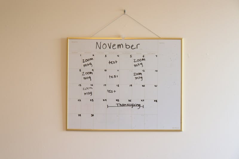 A students' calendar for the month of November detailing Zoom class schedule, taken on Nov. 5, 2020, in Auburn, Ala.