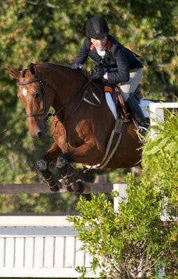 Senior Anna Schierholz rides Clifford in equitation over a fence against Kansas State Thursday. Schierholz scored a 74 in the event, and the Tigers defeated the Wildcats 14-4.  (Emily Adams / PHOTO EDITOR)