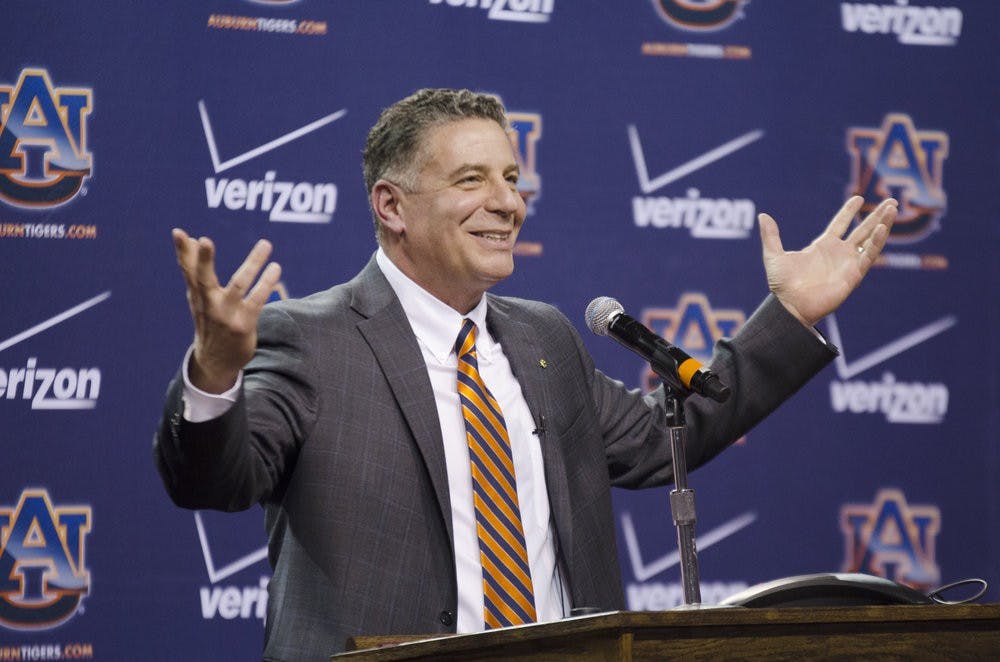 Bruce Pearl speaks to an audience of media and students at Tuesday night's press conference in the Auburn Arena.

Raye May / DESIGN EDITOR