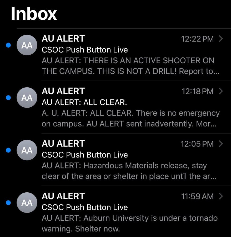 Screenshot of various AU Alerts and alert times.