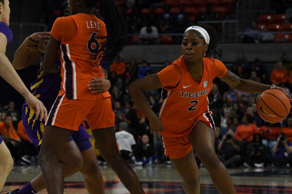 <p>Khady Leye (6) protecting Ja'Mia Harris (2) as she goes for the basket during the Auburn vs LSU game on Sunday, February 8, 2026.</p>