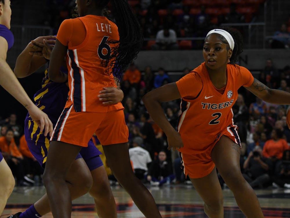 Khady Leye (6) protecting Ja'Mia Harris (2) as she goes for the basket during the Auburn vs LSU game on Sunday, February 8, 2026.
