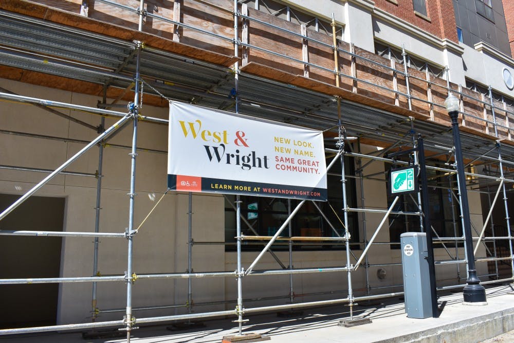 <p>The scaffolding outside West &amp; Wright in downtown Auburn on Tuesday, Sept. 24, 2019.</p>