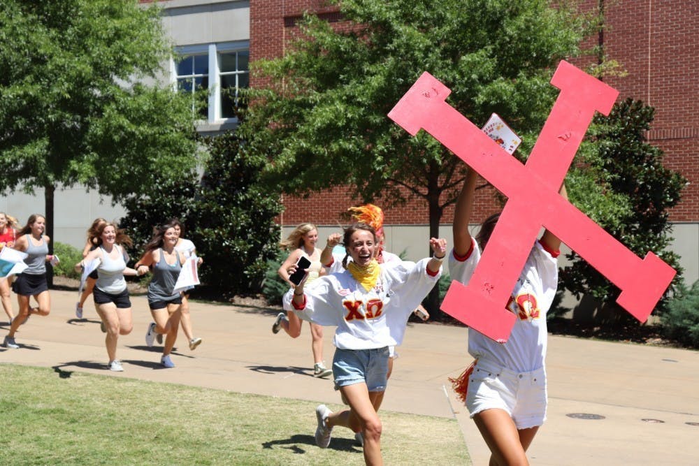 After virtual recruitment in 2020, this year's recruitment will be more similar to those in years past, like in this photo from bid day in 2019.