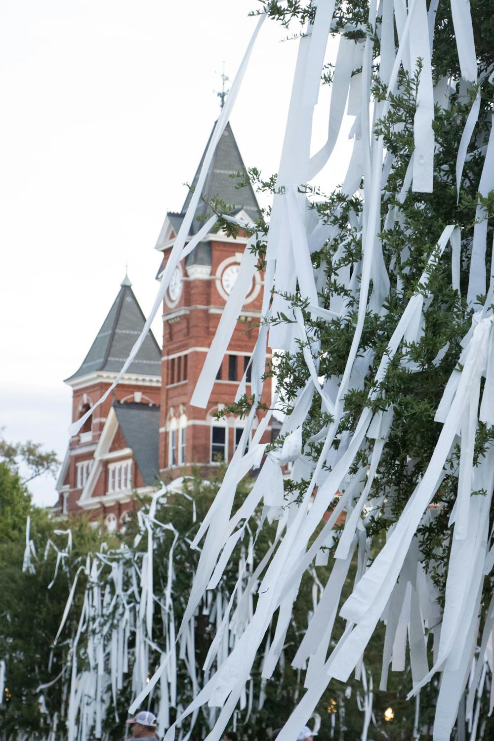 Samford Hall in the background of the toilet-papered trees of Toomer's Corner after Auburn football beat UMass on September 2nd, 2023.