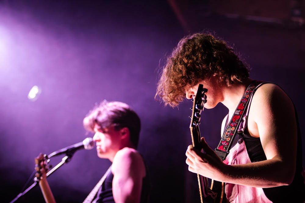 <p>Wilson Gore (left) and Curry Jones (right) from The Band Honey perform in front of the audience at AubFest on Friday, March 20, 2026 in Auburn, Ala.</p>